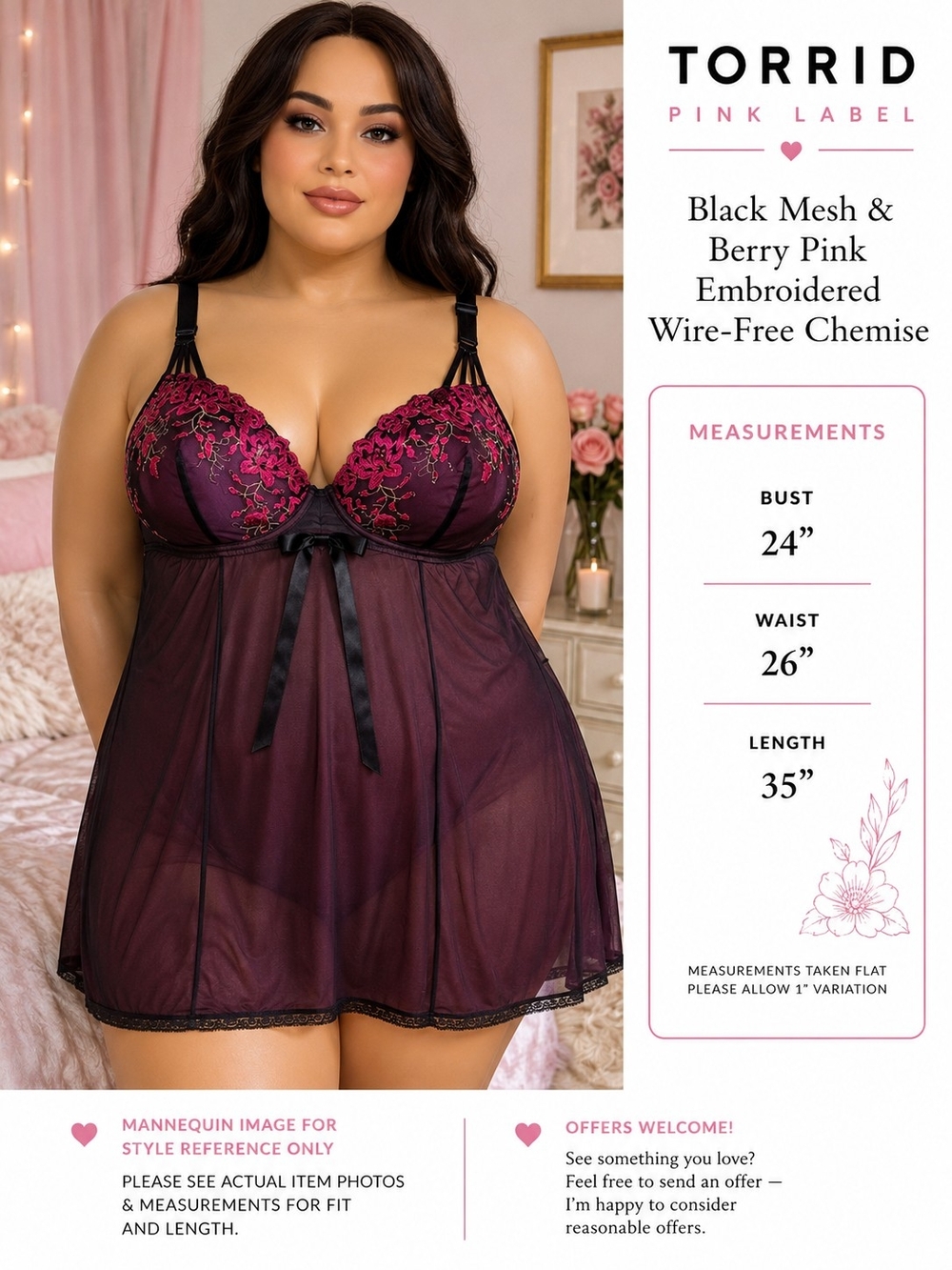 Torrid Pink Label Size 3 Black Berry Floral Embroidered Mesh Wire-Free Chemise